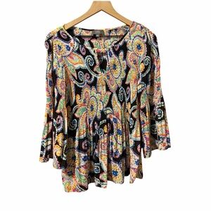 Ninety Multicolor Paisley Pleated Bell-Sleeve Tunic - Black Base